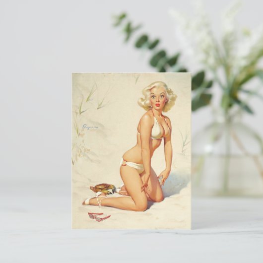 Auf dem Beach Retro Button-up Girl Postkarte (Stehend Vorderseite)