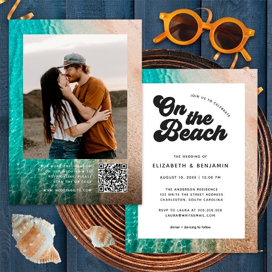 Auf dem Beach Typografy Foto QR Code Wedding Einladung