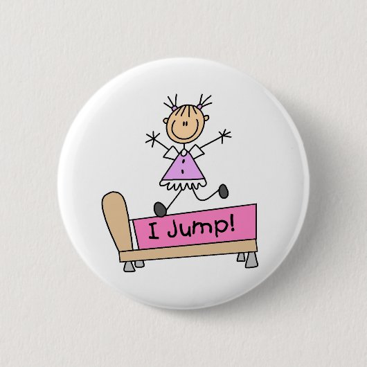 Auf dem Bett springende Stabfigur Mädchen Button (Vorderseite)