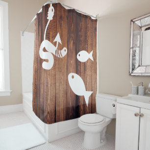 Auf dem Hakenwurm und Fisch Rustikales Holz Duschvorhang