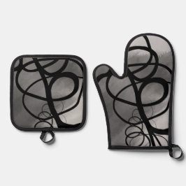 Auf dem Raster: Abstrakt grau, schwarz und weiß Ofenhandschuh & Topflappen-Set