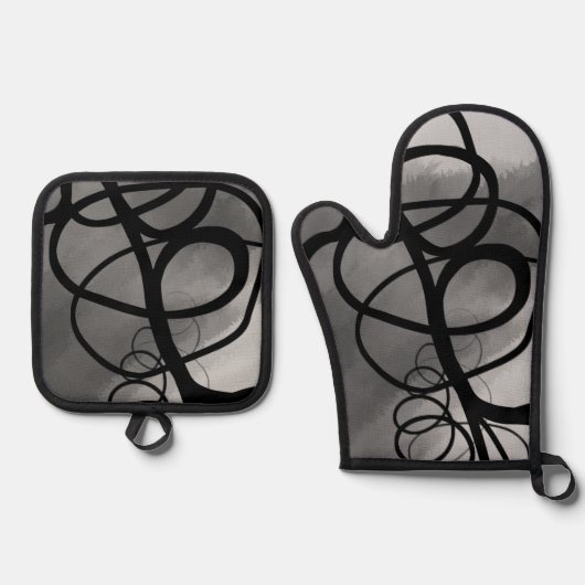Auf dem Raster: Abstrakt grau, schwarz und weiß Ofenhandschuh & Topflappen-Set (Vorderseite)