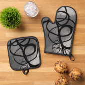 Auf dem Raster: Abstrakt grau, schwarz und weiß Ofenhandschuh & Topflappen-Set (Oben Unten)