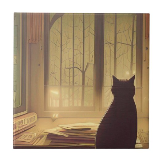 Auf dem Schreibtisch sitzen und mit Papieren, die  Fliese (Vorderseite)