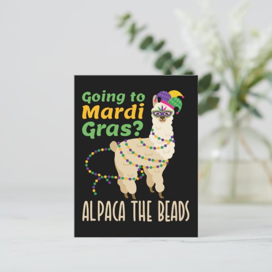 Auf dem Weg nach Mardi Gras Alpaca die Perlen Postkarte (Stehend Vorderseite)