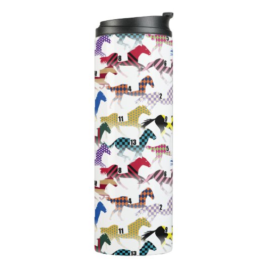 Auf dem Weg zu den Pferderennen Jockey Silk Muster Thermosbecher (Nach links gedreht)