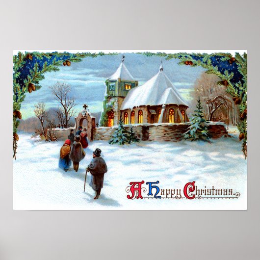 Auf dem Weg zur Kirche Evergreen Weihnachtsbaum Poster (Vorne)
