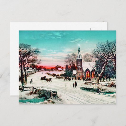 Auf dem Weg zur Kirche, Weihnachten Abend von J. H Postkarte (Vorne/Hinten)