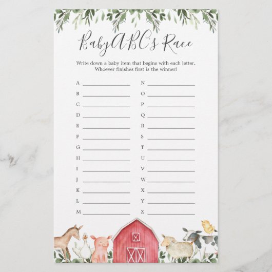 Auf der Babydusche des Bauernhofs ABCs Race Game (Vorderseite)