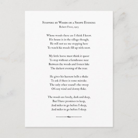 Auf einem schneebedeckten Abend, Robert Frost Postkarte (Vorderseite)