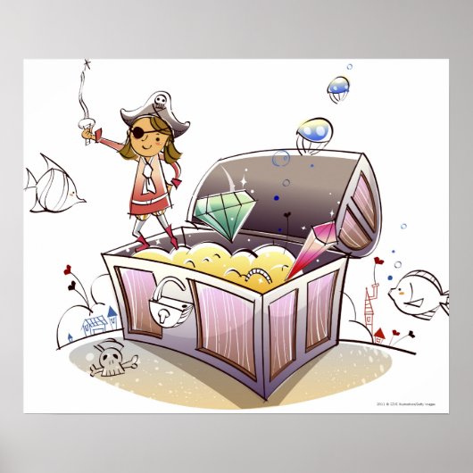 Auf einer Schatztruhe stehende weibliche Pirate Poster (Vorne)