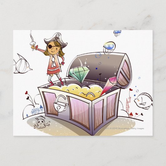Auf einer Schatztruhe stehende weibliche Pirate Postkarte (Vorderseite)