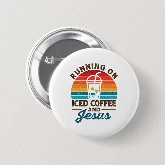 Auf Eiskaffee und Jesus Retro laufen Button (Vorne & Hinten)