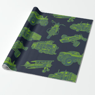 Auf geht's Blaue und Grüne Bewegte Fahrzeuge Autos Geschenkpapier