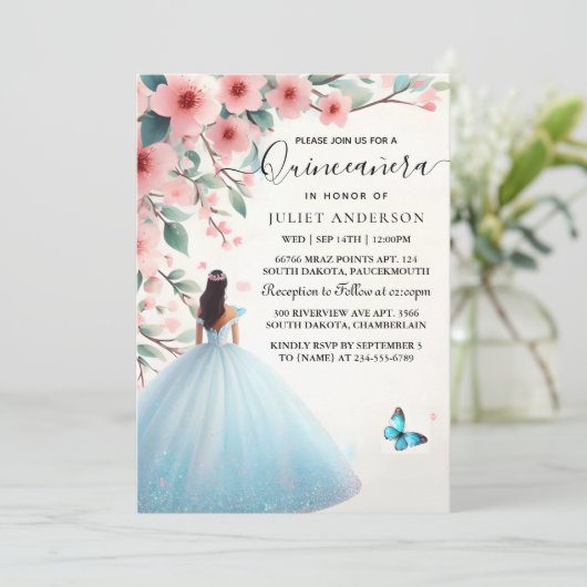 Auf Holzbaum Pink Girly Cherry Blossom Quinceanera Einladung (Stehend Vorderseite)