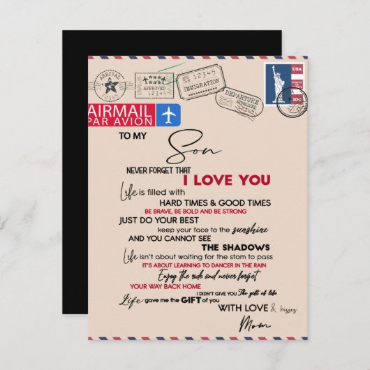 Auf mein Sohn Geschenk, Mama und Sohn, Liebe Brief Einladung (Vorne/Hinten)