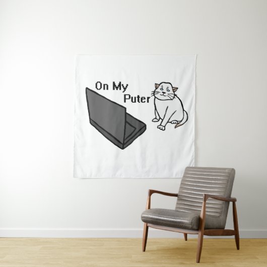 Auf meinem lustigen Computer Weiße Katzen-Meme Wandteppich (Beispiel)