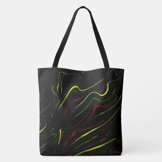 Auf schwarzem Fond zeigen sich die grünen und rote Tasche (Rückseite)