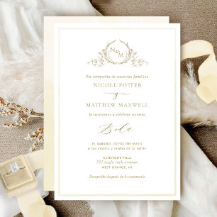 Auf Spanisch, Champagne Elegant Monogramm Hochzeit Einladung
