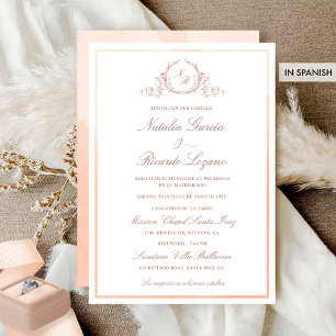 Auf Spanisch: Elegante Pfirsich-Monogramm-Hochzeit Einladung