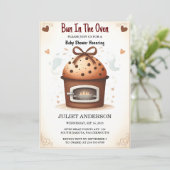 Auf Spaß Retro Boho Kuchen Bun in Oven Baby Dusche Einladung (Stehend Vorderseite)