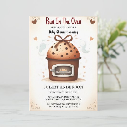 Auf Spaß Retro Boho Kuchen Bun in Oven Baby Dusche Einladung (Stehend Vorderseite)