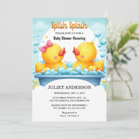 Auf Spielzeugpool Schaumbash Twin Rubber Duck Baby Einladung (Stehend Vorderseite)