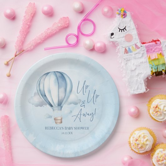 Auf und ab! Blue Hot Air Balloon Baby Dusche Pappteller (Party)