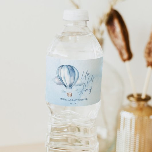 Auf und ab! Blue Hot Air Balloon Baby Dusche Wasserflaschenetikett