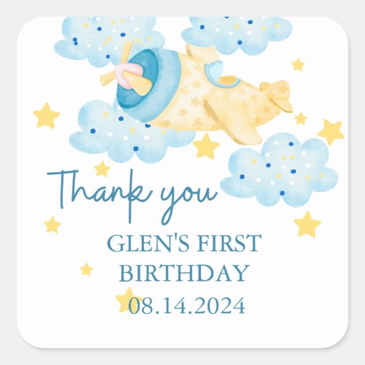 Auf und ab gelbes Flugzeug Danke Quadratischer Aufkleber (Vorderseite)