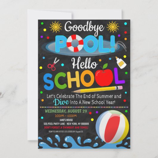 Auf Wiedersehen Pool Hallo Schule Party-Einladung Einladung (Vorderseite)