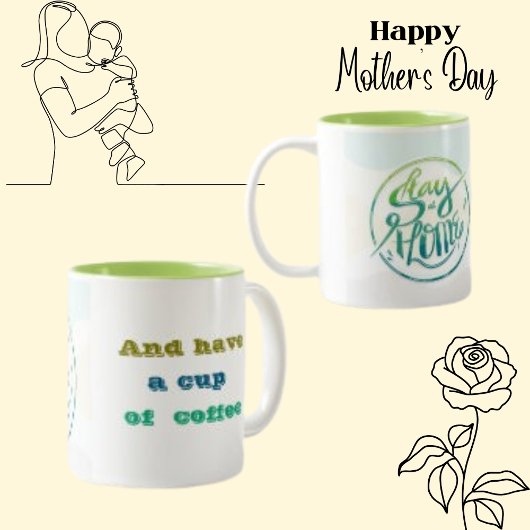 Auf Zuhause bleibe, typografische Textschrift Zweifarbige Tasse