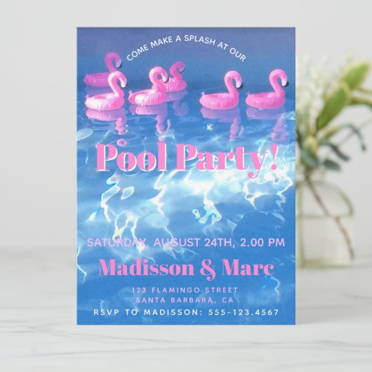 Aufblasbare Flamingos im Pool - Party im Pool Einladung (Stehend Vorderseite)
