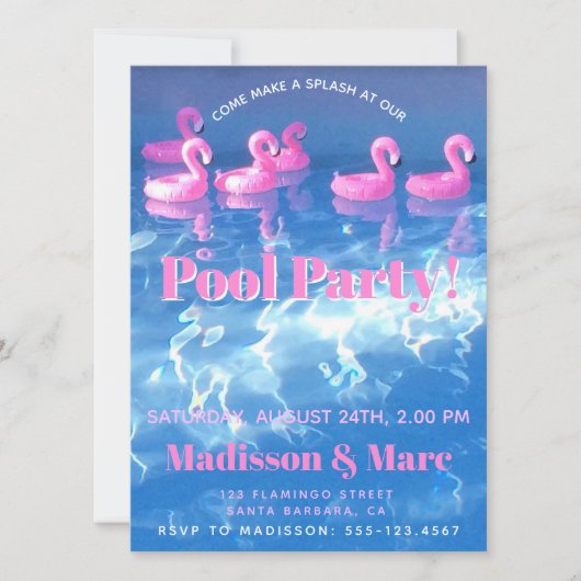Aufblasbare Flamingos im Pool - Party im Pool Einladung (Vorderseite)