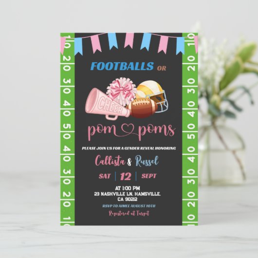 Aufdeckung des Geschlechts bei Fußball oder Pom Po Einladung (Stehend Vorderseite)