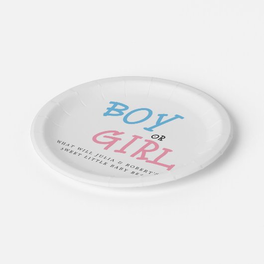 Aufdeckung des Geschlechts bei Jungen oder Mädchen Pappteller (Schrägansicht)