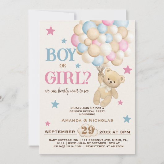 Aufdeckung des Geschlechts von Bären oder Mädchen Einladung (Vorderseite)
