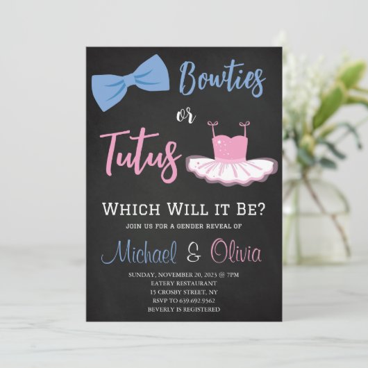 Aufdeckung von Bowties oder Tutus Gender Einladung (Stehend Vorderseite)