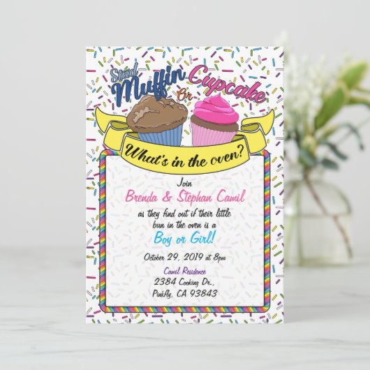 Aufdeckung von Cupcake Gender Einladung (Stehend Vorderseite)