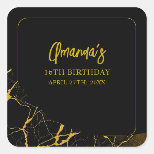 Auffallend Schwarz & Gold Marmor Sweet 16 Geburtst Quadratischer Aufkleber