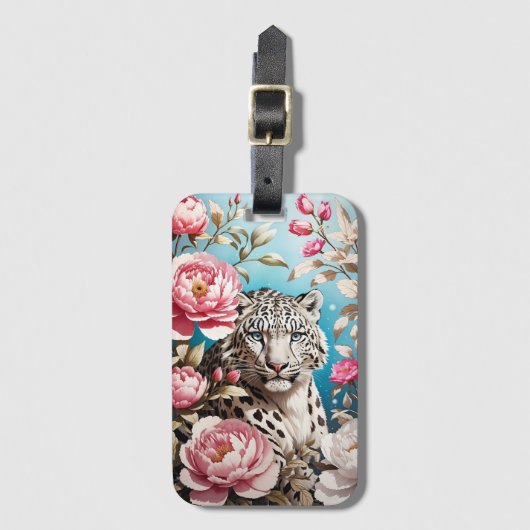 Auffallende Schneeleoparden-Blicke und rosa Peonie Gepäckanhänger (Vorderseite Vertikal)