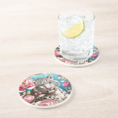 Auffallende Schneeleoparden-Blicke und rosa Peonie Getränkeuntersetzer (Seite)