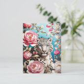 Auffallende Schneeleoparden-Blicke und rosa Peonie Postkarte (Stehend Vorderseite)