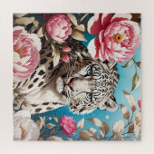 Auffallende Schneeleoparden-Blicke und rosa Peonie Puzzle (Horizontal)
