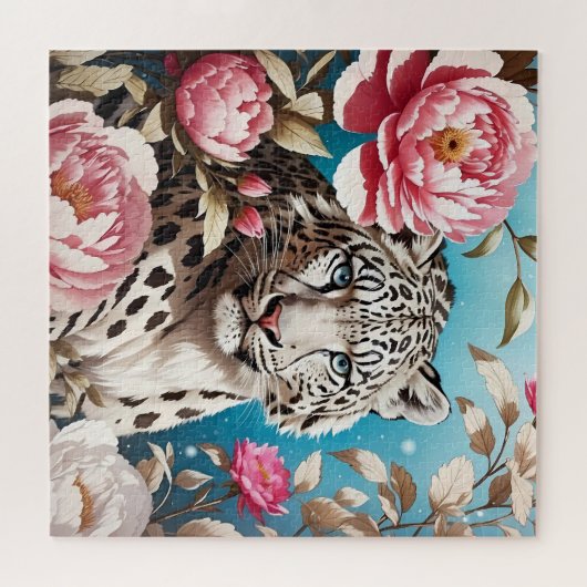 Auffallende Schneeleoparden-Blicke und rosa Peonie Puzzle (Horizontal)