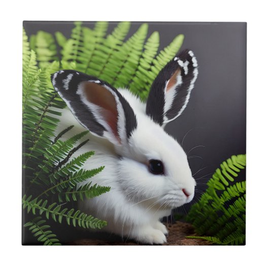Auffallender Kontrast: Der weiße Hase mit schwarze Fliese (Vorderseite)