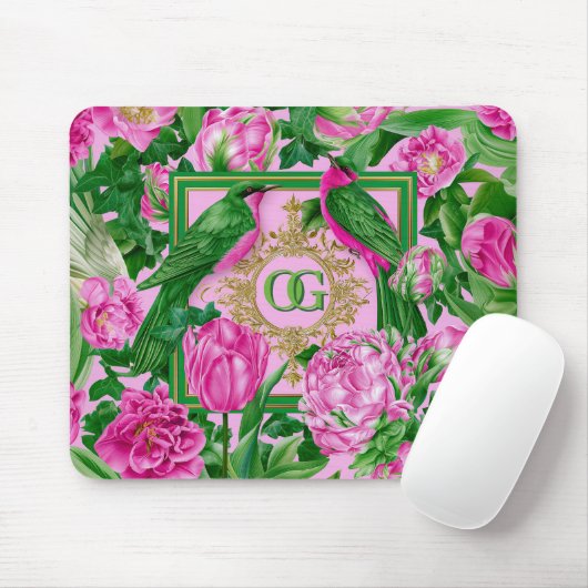 Auffallendes botanisches rosa und grünes monogramm mousepad (Mit Mouse)