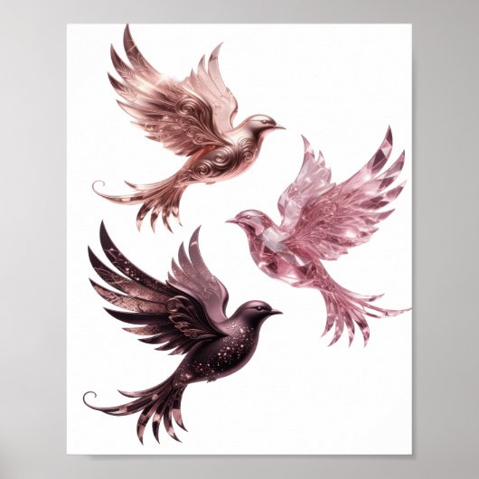 Auffälliges Silber-Drei-Rosa-Vögel-Design Poster (Vorne)