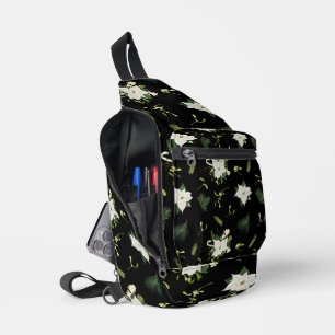 Auffälliges weiß-grünes Blumenmuster auf Schwarz Crossbody Bag