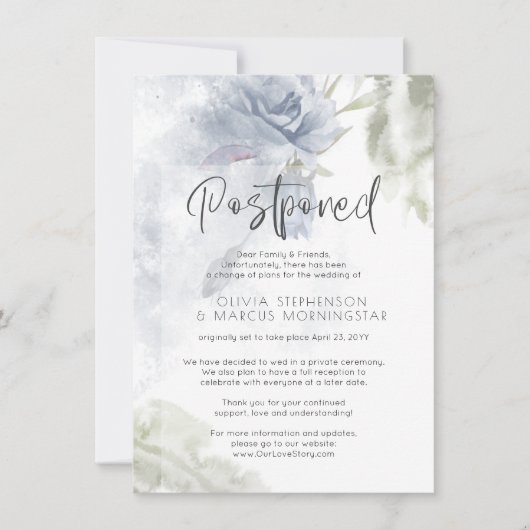 Aufgehängte Hochzeit Wasserfarbe Dusty Blue Floral Einladung (Vorderseite)